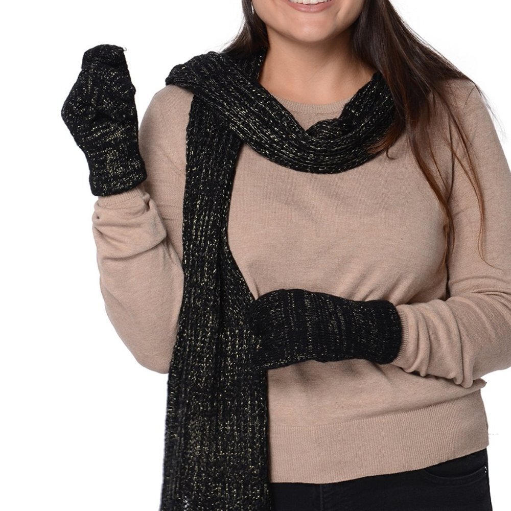 Black Golden Knitted Scarf and Gloves
